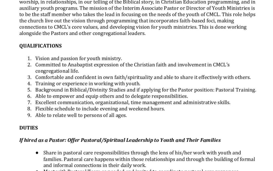 Interim Associate Pastor or Director of Youth Ministries