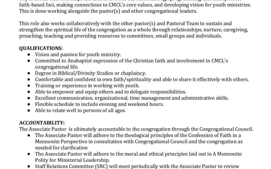 Associate Pastor of Youth and Young Adult Ministries, Nov. 11, 2025