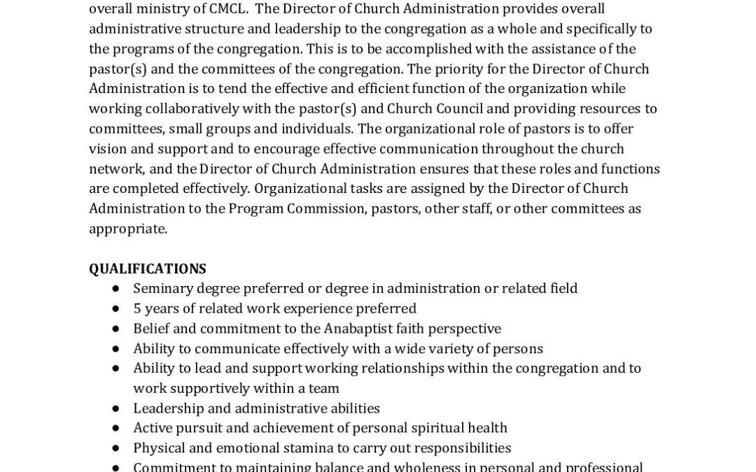 Director of Church Administratration, May 12, 2026