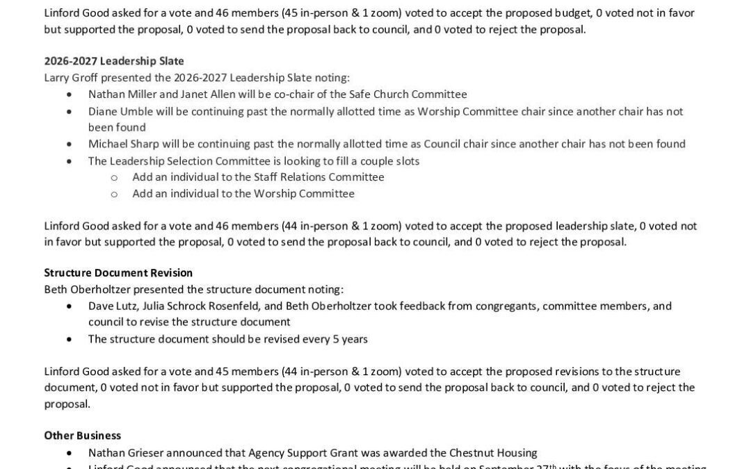 Congregational Meeting Minutes 8-23-26